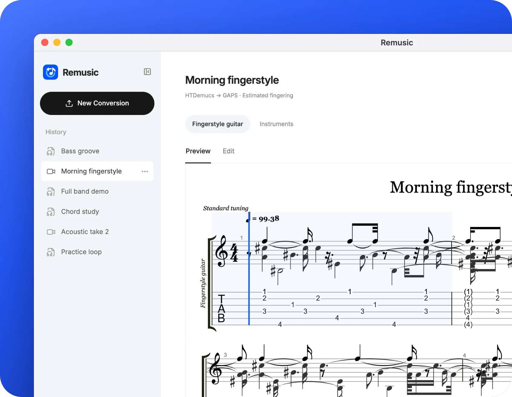 Remusic showing a fingerstyle guitar tab with notation