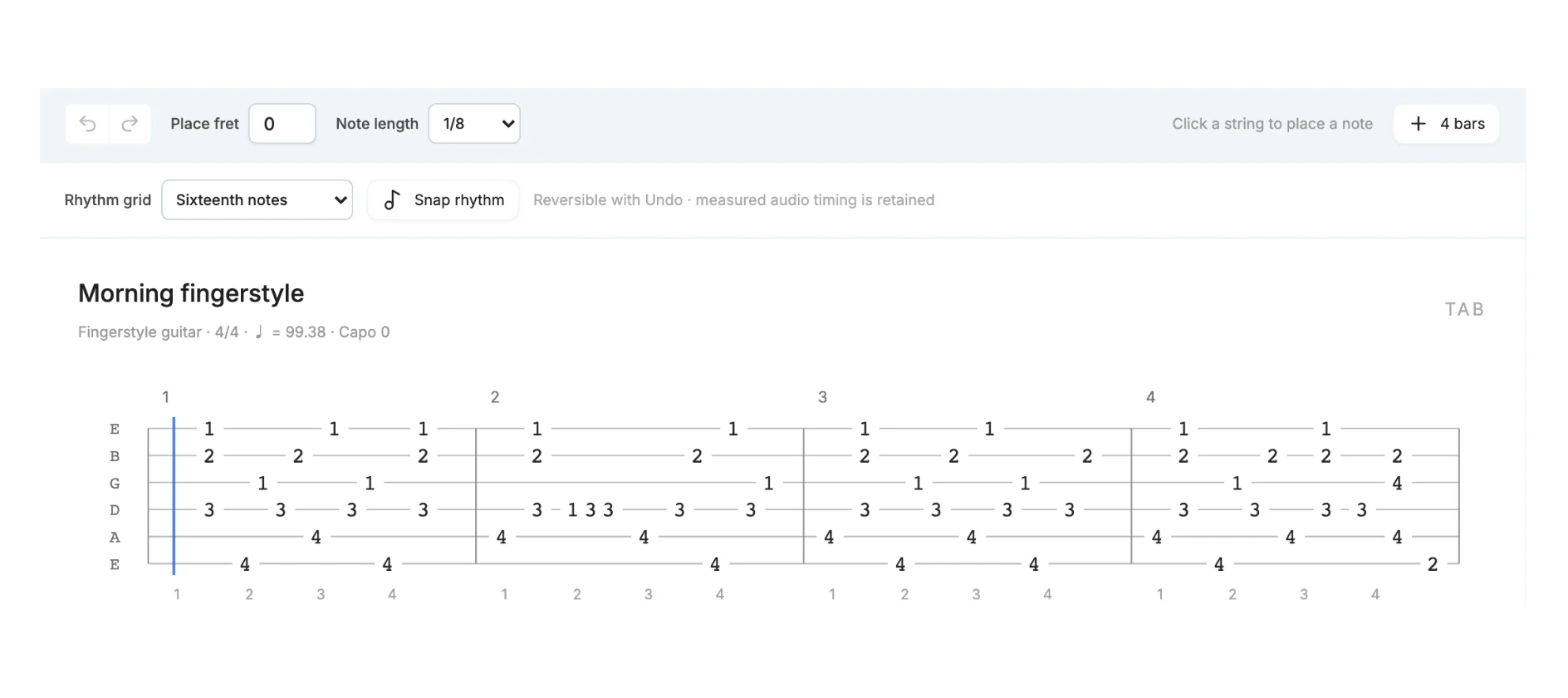 Tab editor with Place fret, Note length, Rhythm grid and Snap rhythm controls