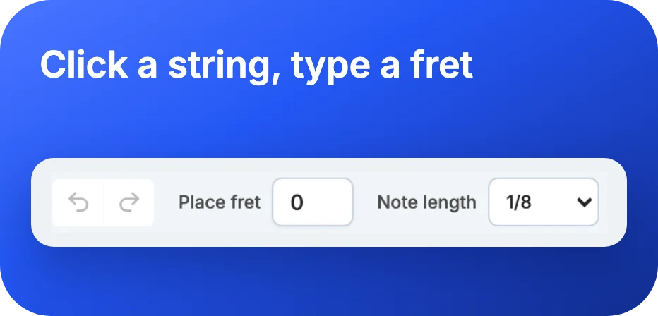 Click a string, type a fret: the Place fret and Note length controls