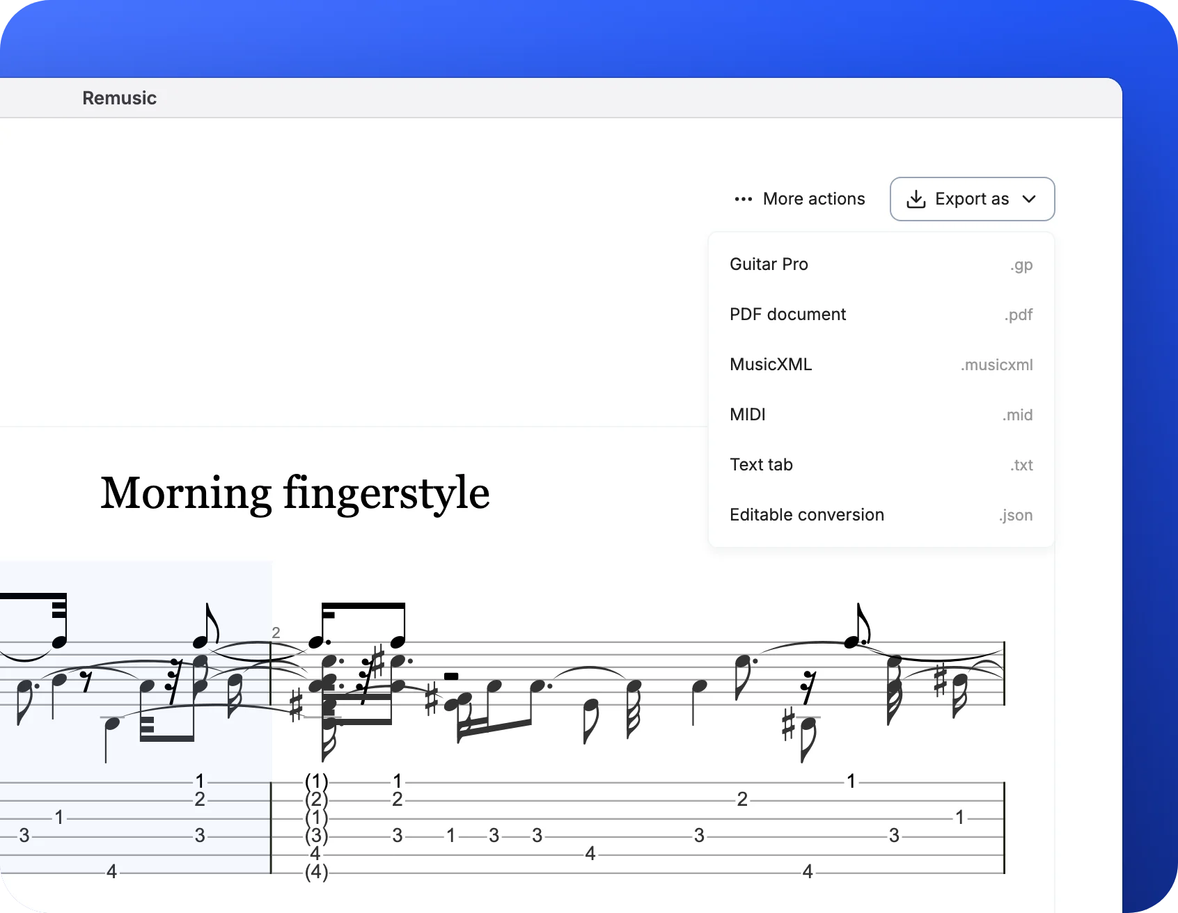 Export as menu listing Guitar Pro, PDF, MusicXML, MIDI, Text tab and Editable conversion