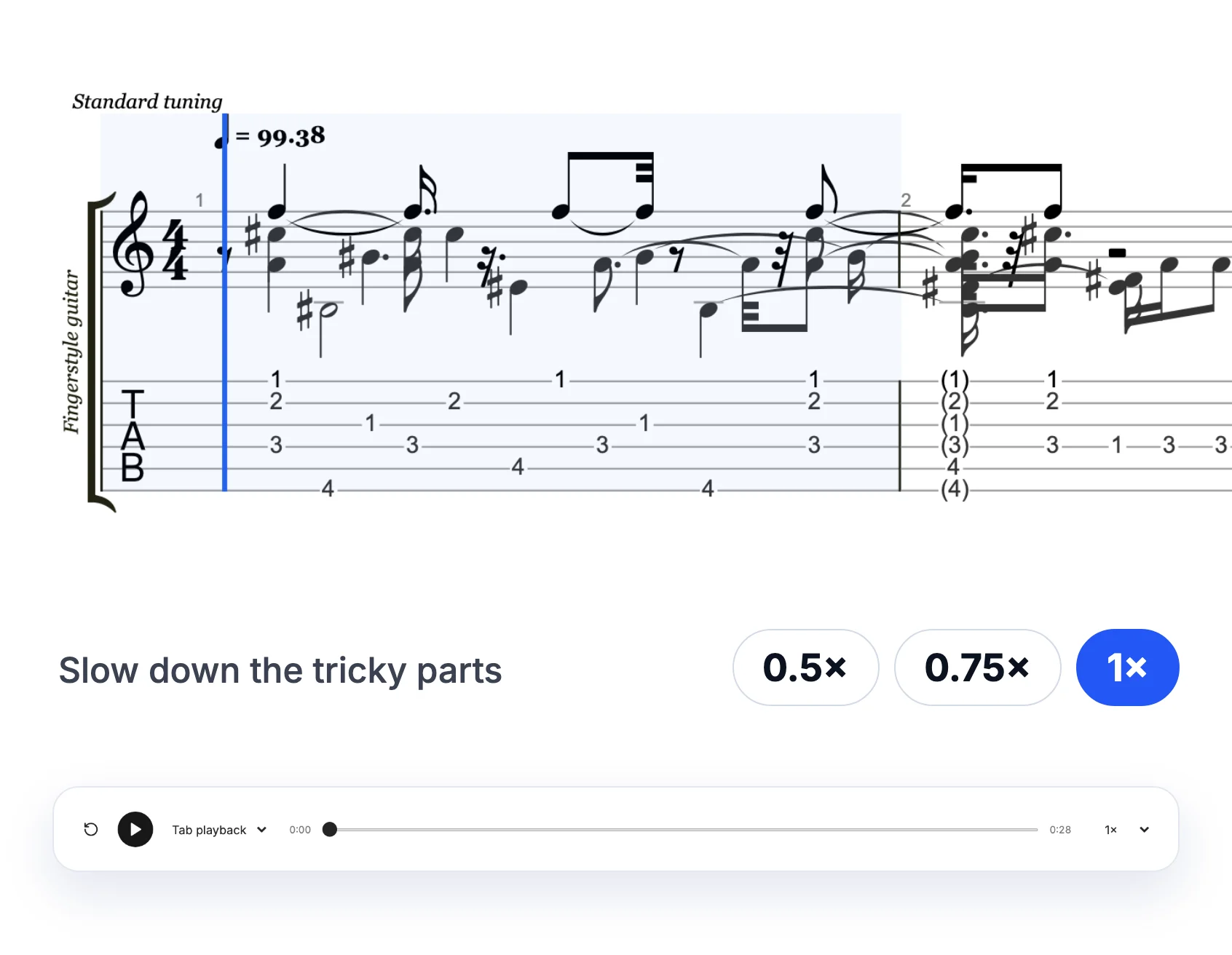 Tab with a blue play line, speed options 0.5×, 0.75× and 1×, and the playback bar