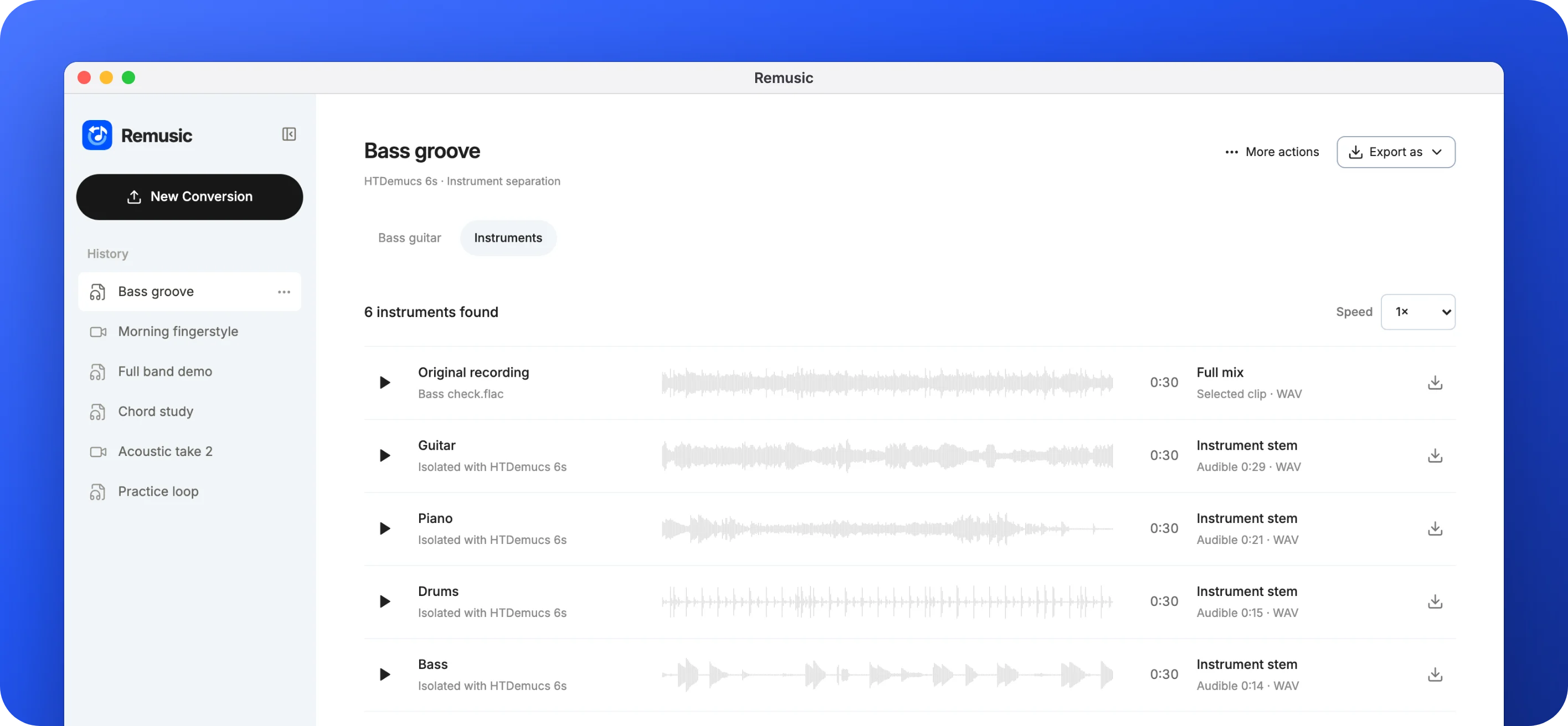 Remusic listing separated guitar, piano, drums, bass and vocal tracks with waveforms
