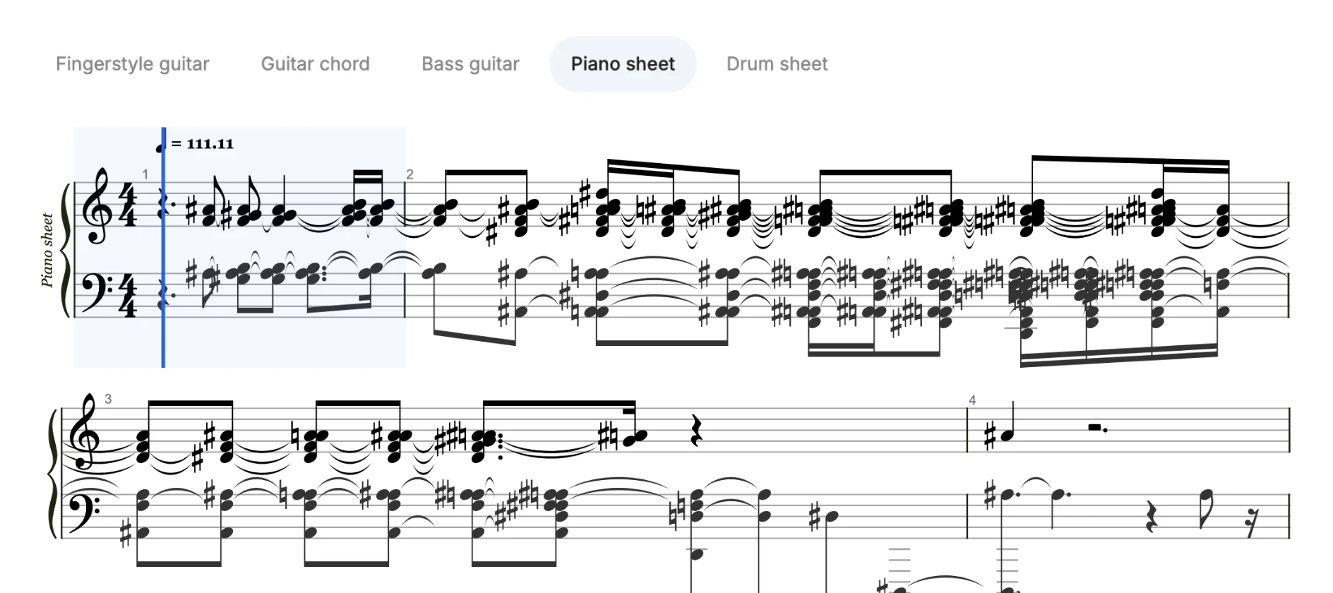 Piano sheet with treble and bass staves, below the output tabs for guitar, chords, bass, piano and drums